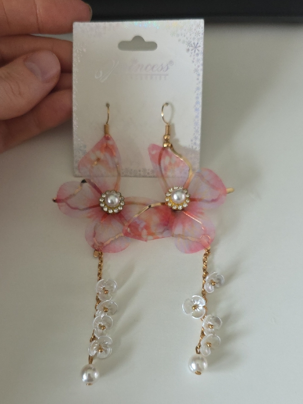 Pink Floral Drop Earrings with Faux Pearls